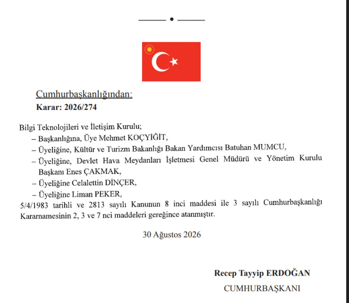 Bilgi Teknolojileri ve İletişim Kurulu Başkanlığına Mehmet Koçyiğit atandı