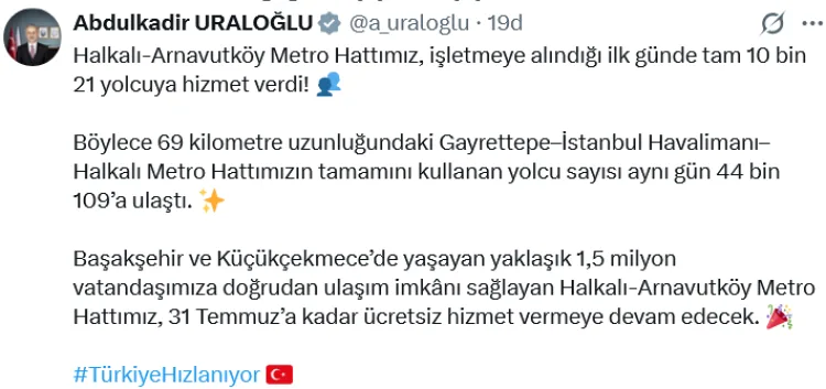 Yeni Metro Hattı İlk Günde 10 Bin Yolcu Taşıdı!