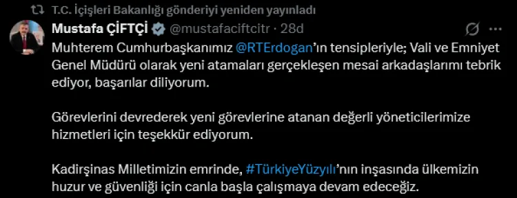 Yeni Vali ve Emniyet Müdürlerine Tebrik Mesajı