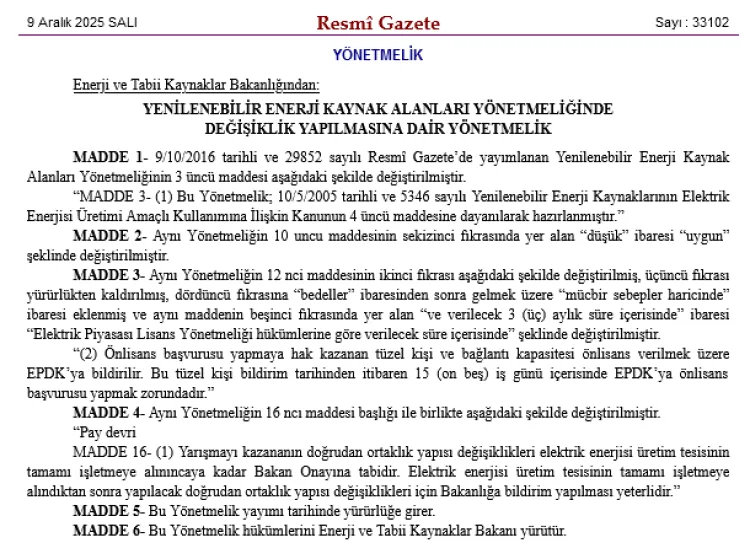 Yenilenebilir Enerji Yönetmeliğinde Önemli Değişiklikler