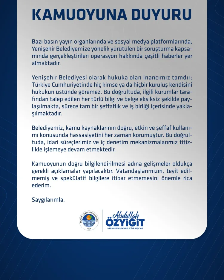 Yenişehir Belediyesi’nde Şeffaf Soruşturma Süreci