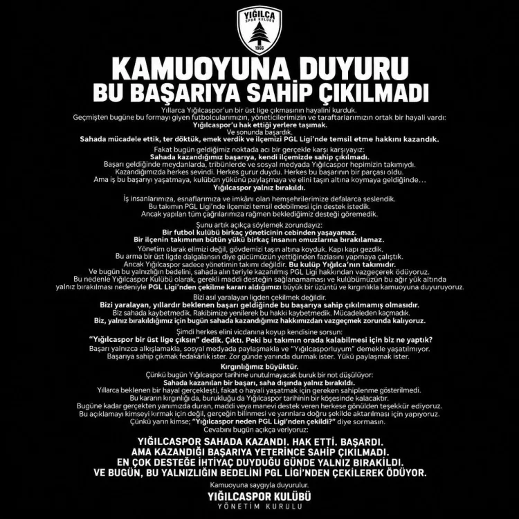 Yığılcaspor, Desteksizlik Nedeniyle Ligi Terketti!