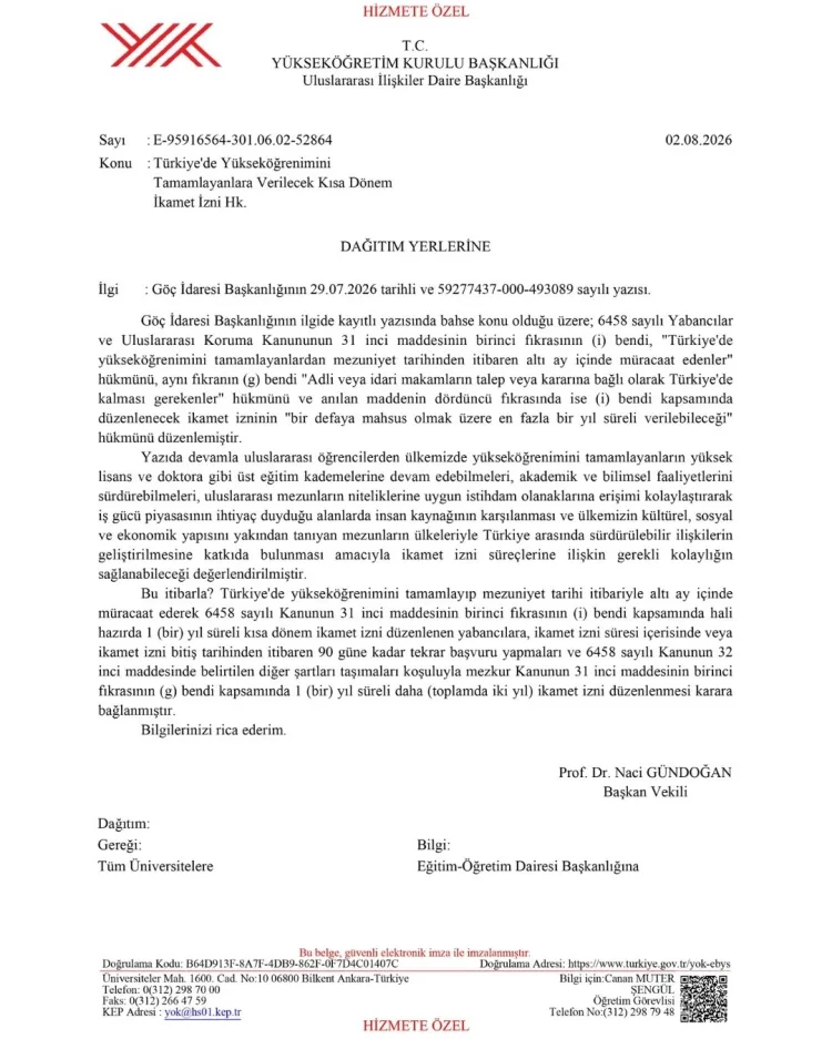 YÖK’ten Uluslararası Mezunlara İkamet Kolaylığı