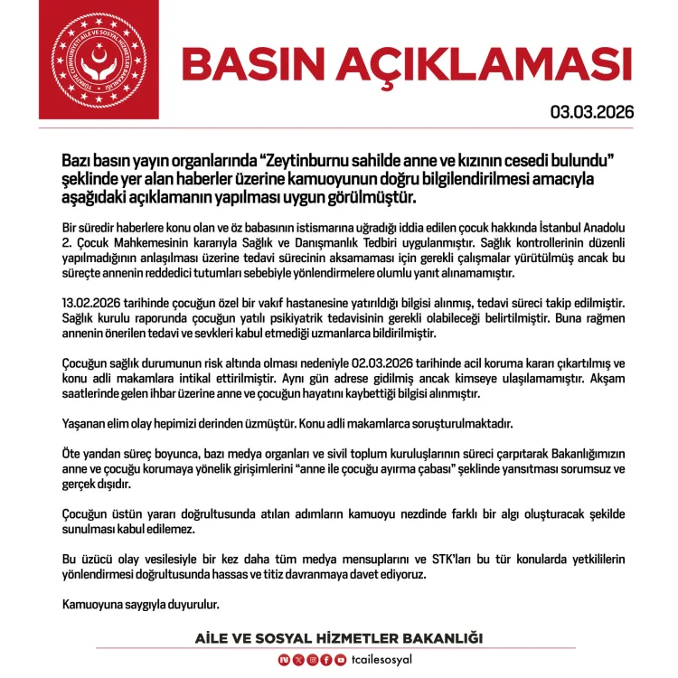 Zeytinburnu’nda Anne ve Kızın Ölümü Üzerine Bakanlık Açıklaması